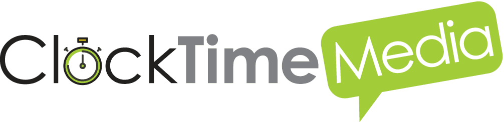 A green sign that says clock time media