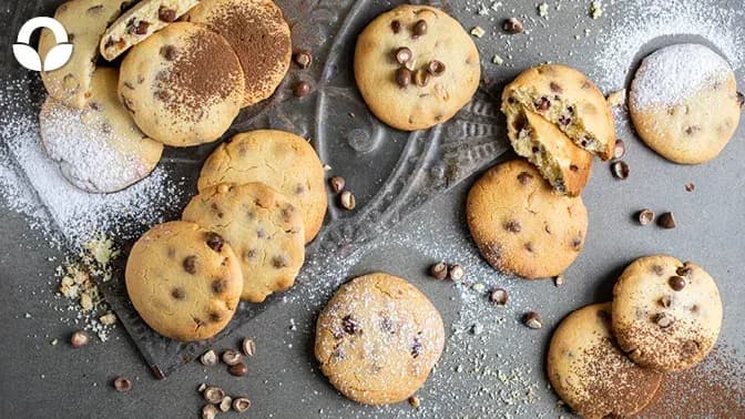 A pan filled with cookies and chocolate chips