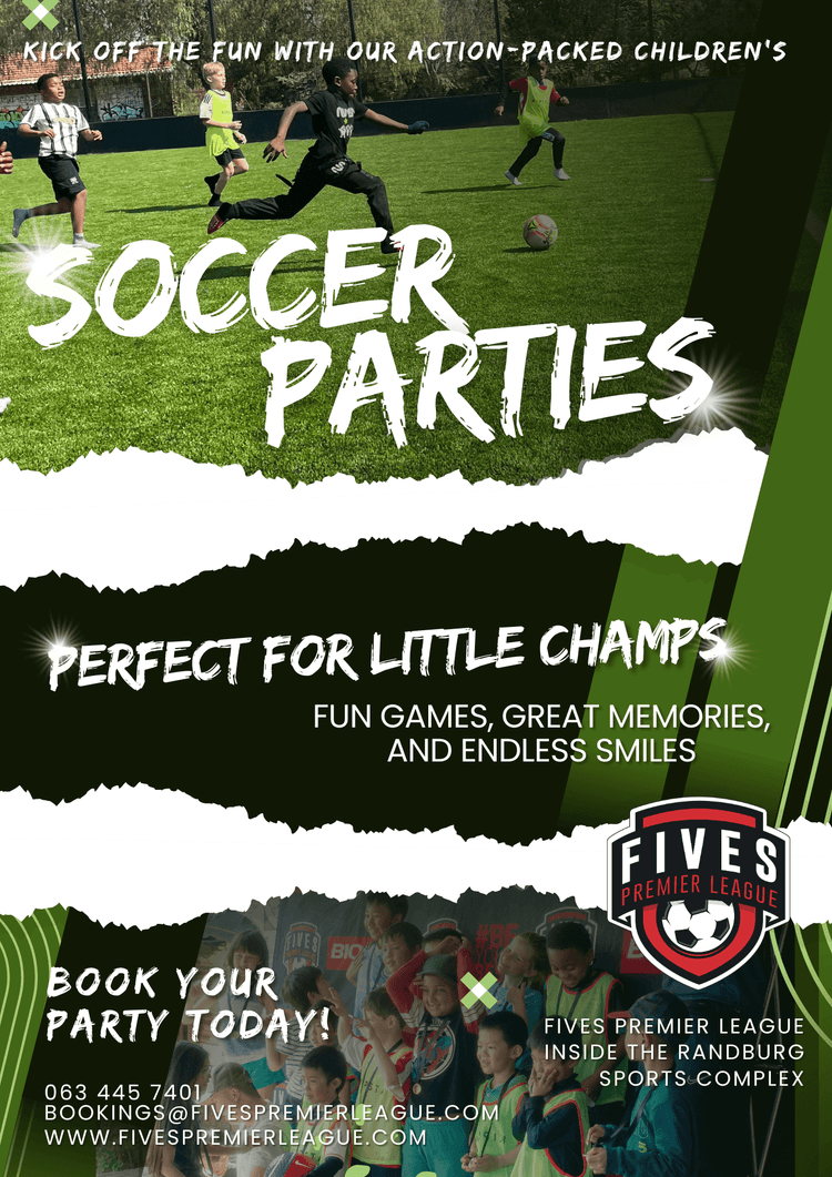 A flyer for a soccer party with kids playing soccer