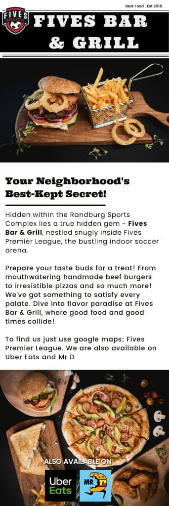 A flyer for a restaurant called five bar and grill