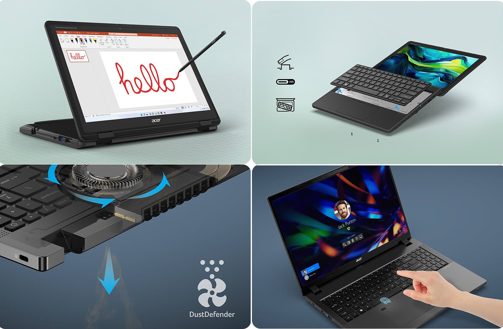 Four different views of a laptop computer