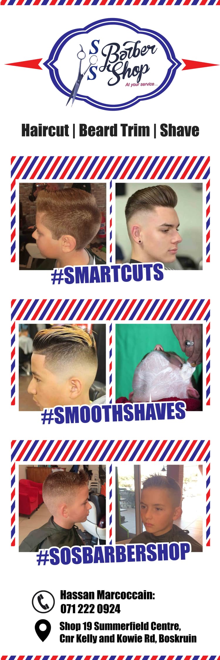 A flyer for a barber shop with different styles of hair