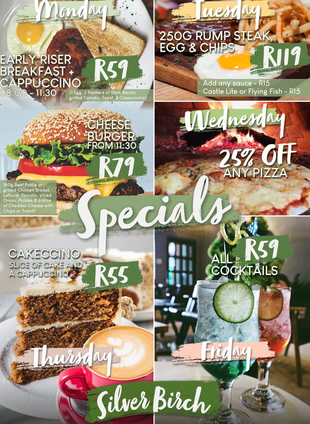 A menu with a bunch of different foods on it