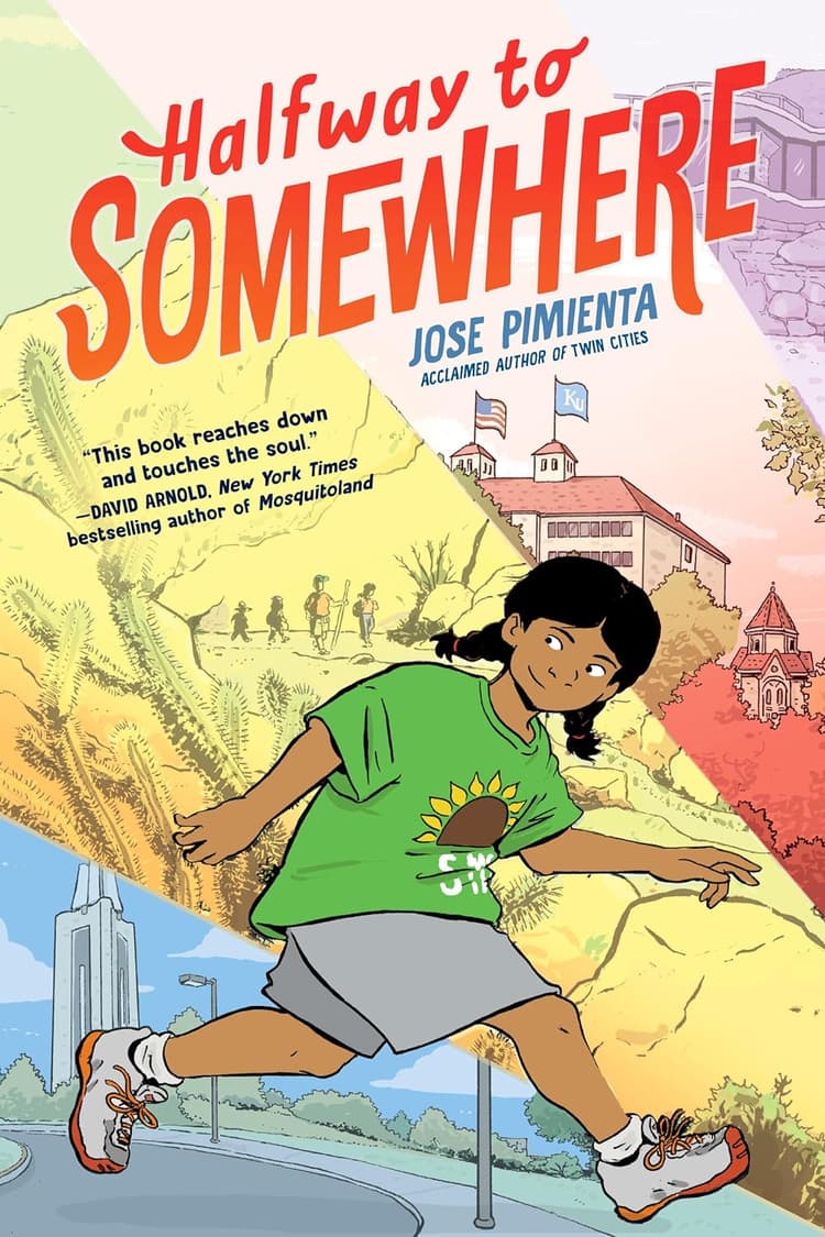 A cartoon of a girl running down a hill