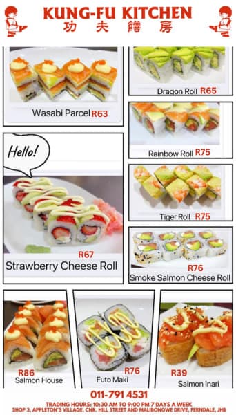 A menu for a sushi restaurant with different types of sushi