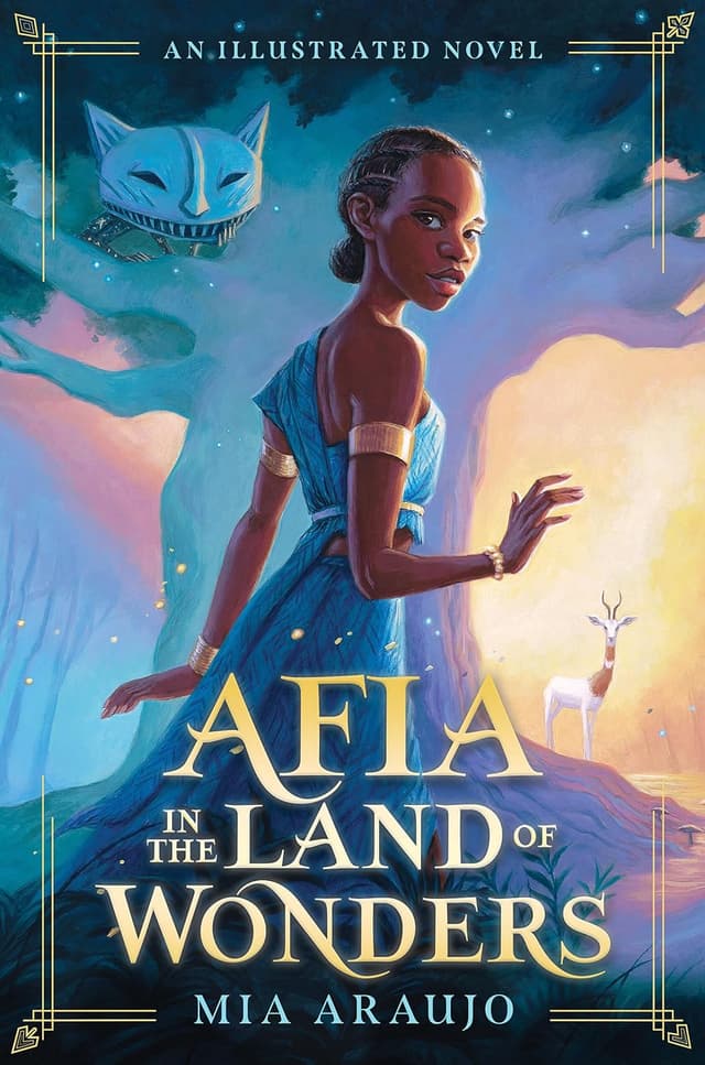 A woman in a blue dress standing in front of a white wolf