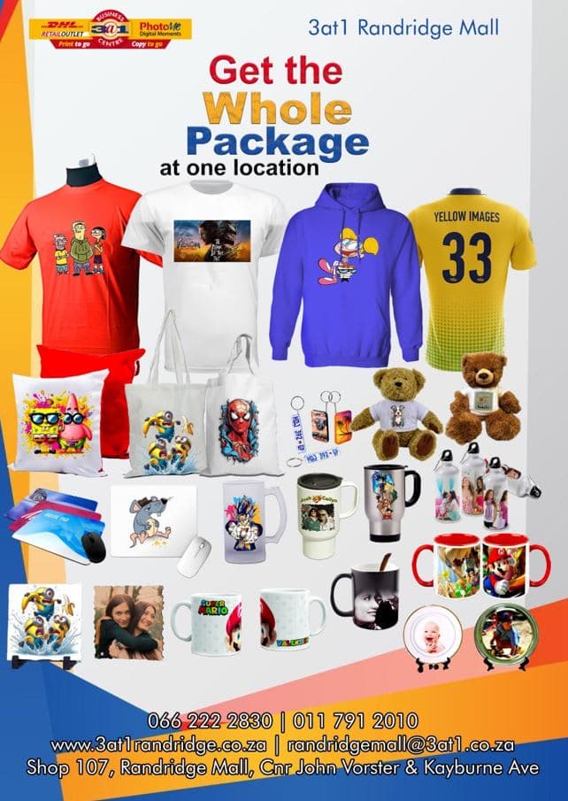 A poster advertising a variety of merchandise items