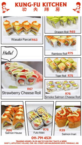 A menu for a sushi restaurant with different types of sushi