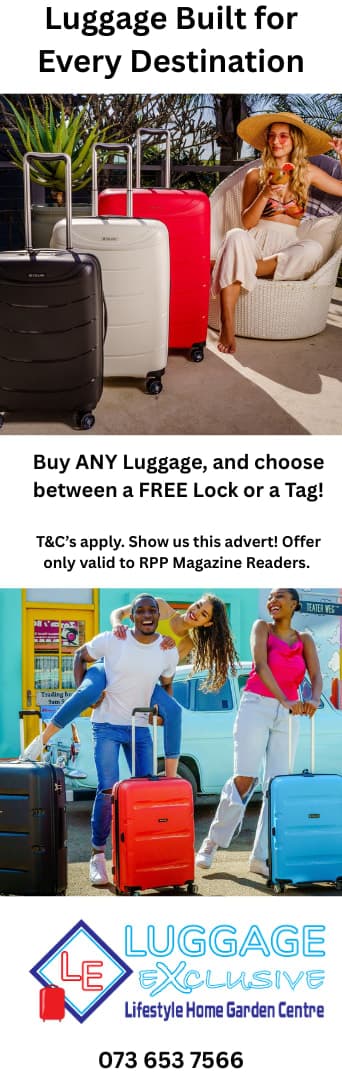 A flyer for luggage rentals with a woman and two men