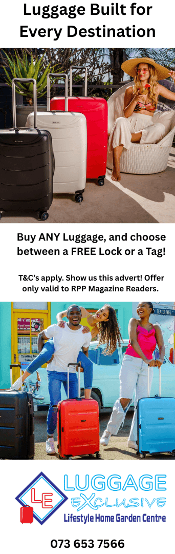 A flyer for luggage rentals with a woman and two men