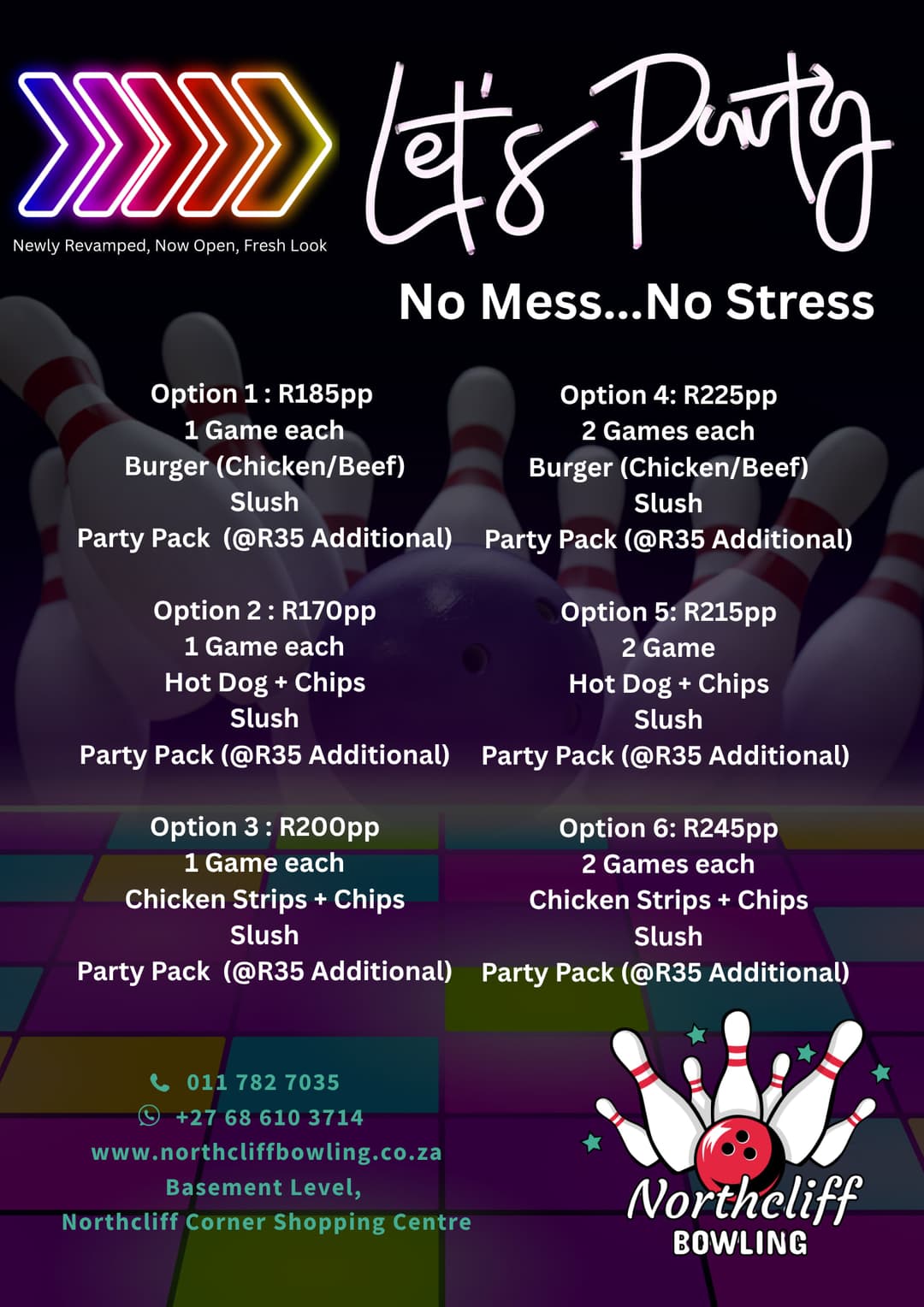 A flyer for a bowling party with a bowling ball and pins