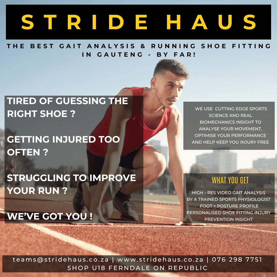 A man crouching down on a track with the words stridehauss