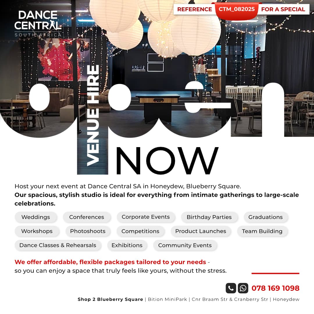 A flyer for a dance event with lights hanging from the ceiling