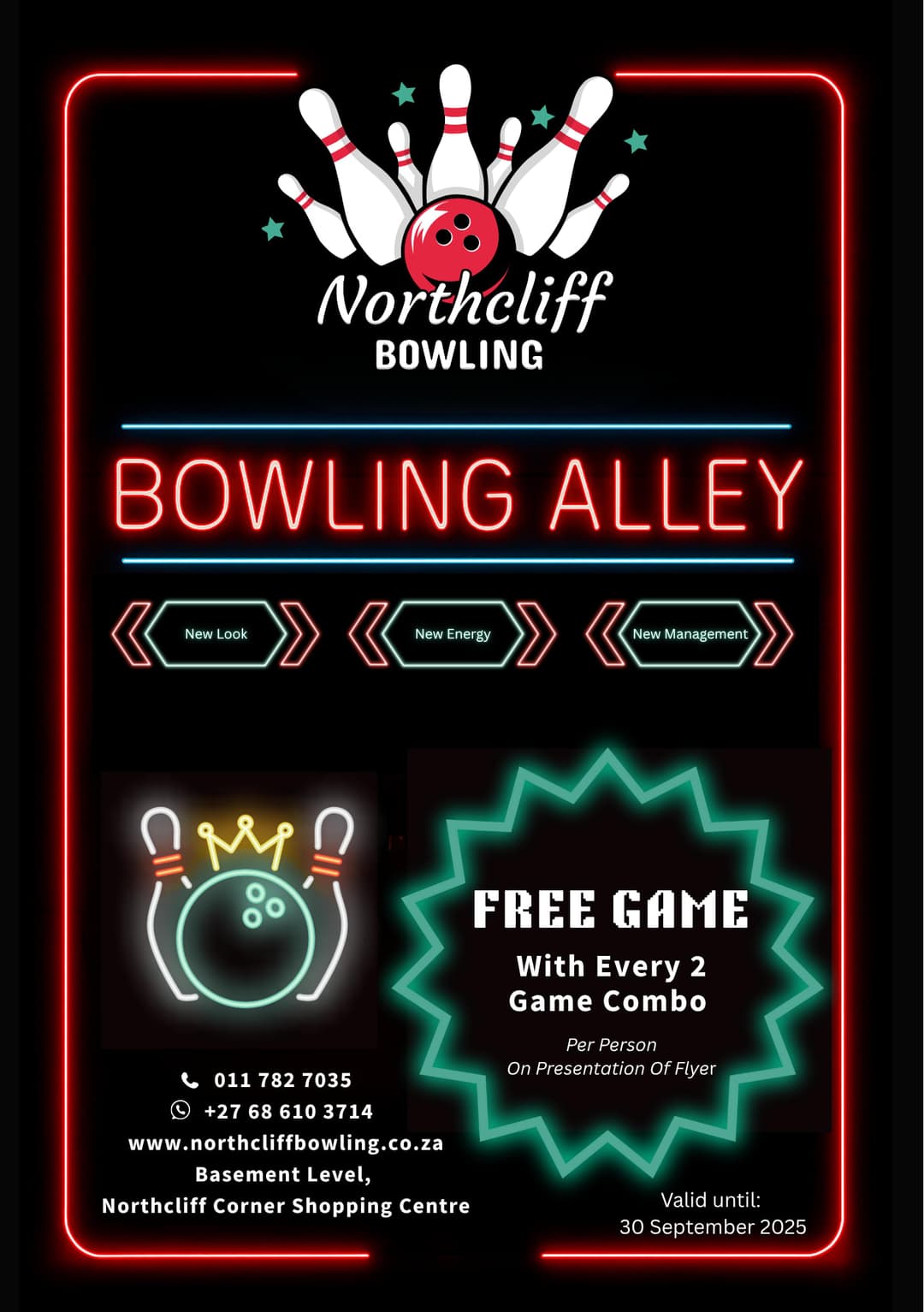 A neon bowling alley sign with a bowling ball