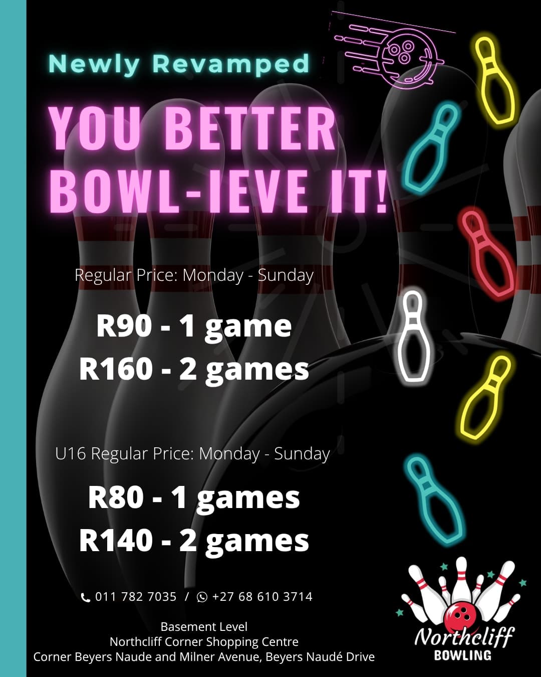 A flyer for a bowling tournament with neon lights