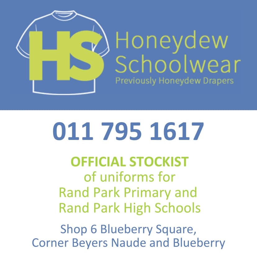 A blue and white flyer with the words honeydew schoolwear
